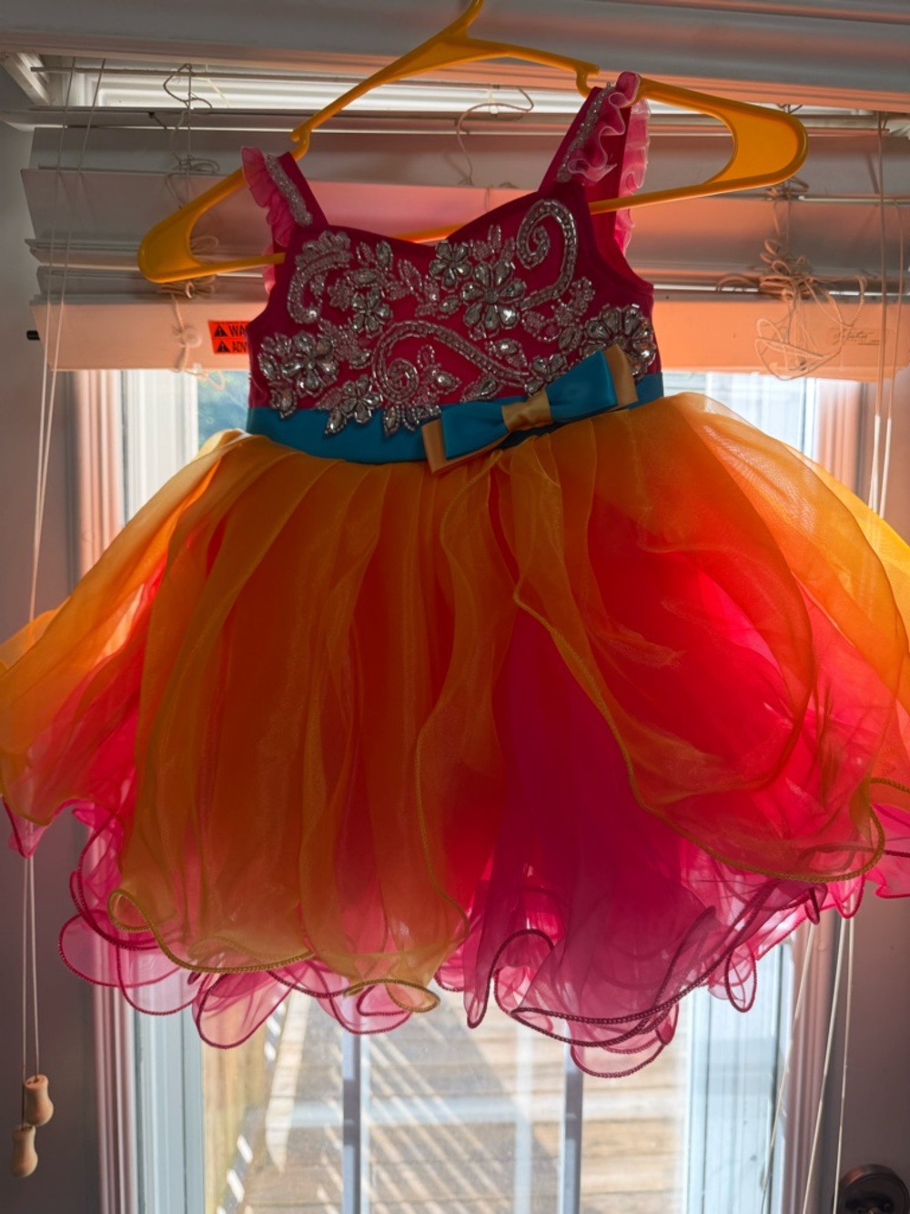 Rhinestone Bodice Pink and Yellow Tulle Party Dress for Girls